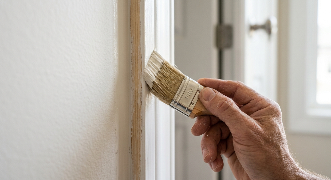 Painter cutting in a crisp clean paint line along a wall edge with a brush