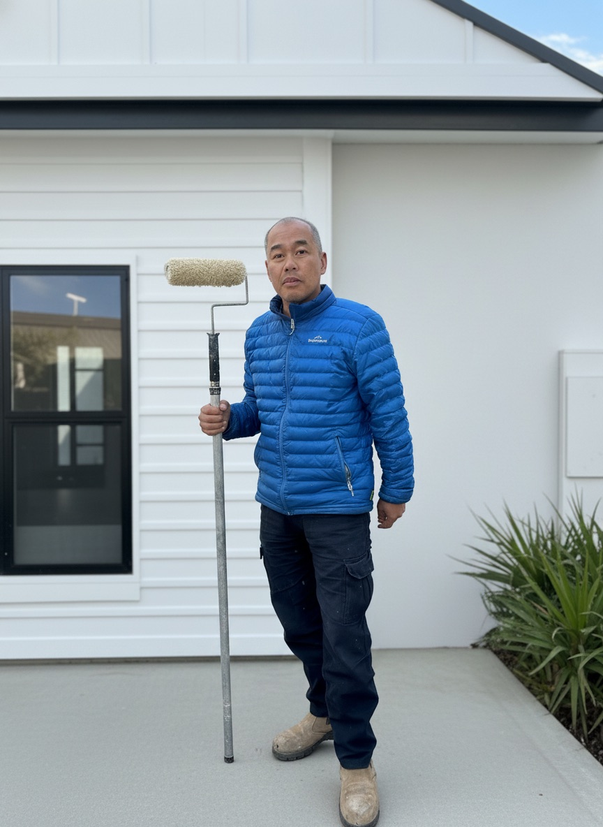 Franki, your local painter, holding a paint roller outside a freshly painted South-West Sydney home